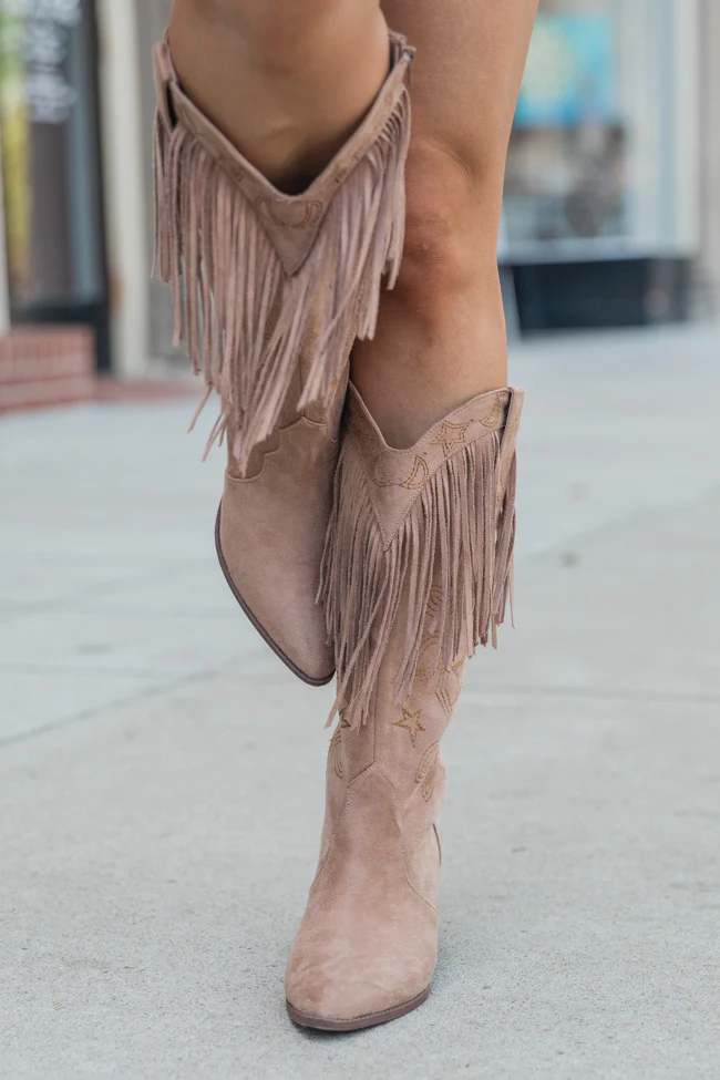 Fancy Suede Warm Taupe Fringe and Stars Boots SALE - Aiturbor