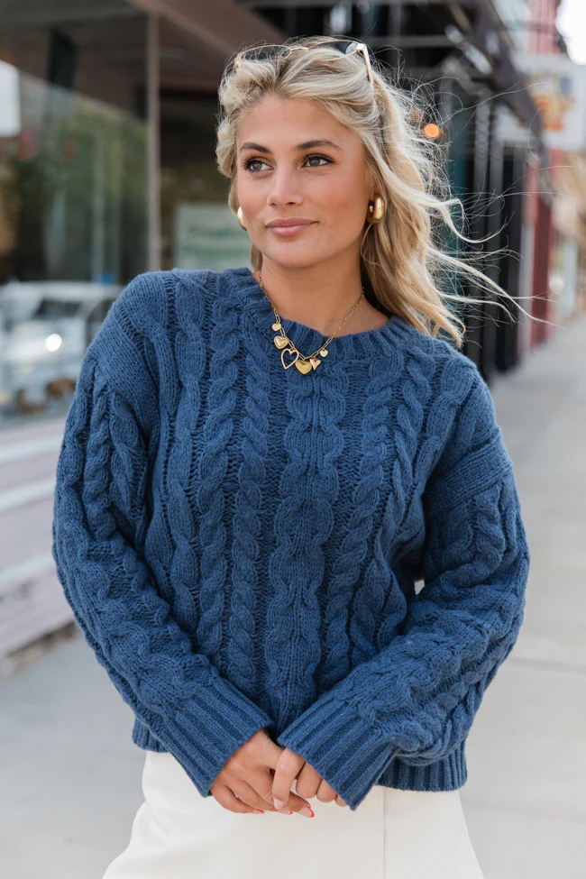 A Cozy Place Navy Cable Knit Crew Neck Sweater FINAL SALE - Aiturbor