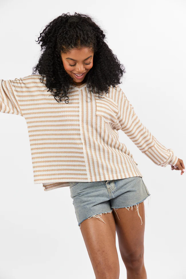 All For Sun Tan and Ivory Striped Knit V-Neck Long Sleeve Tee FINAL SALE - Aiturbor