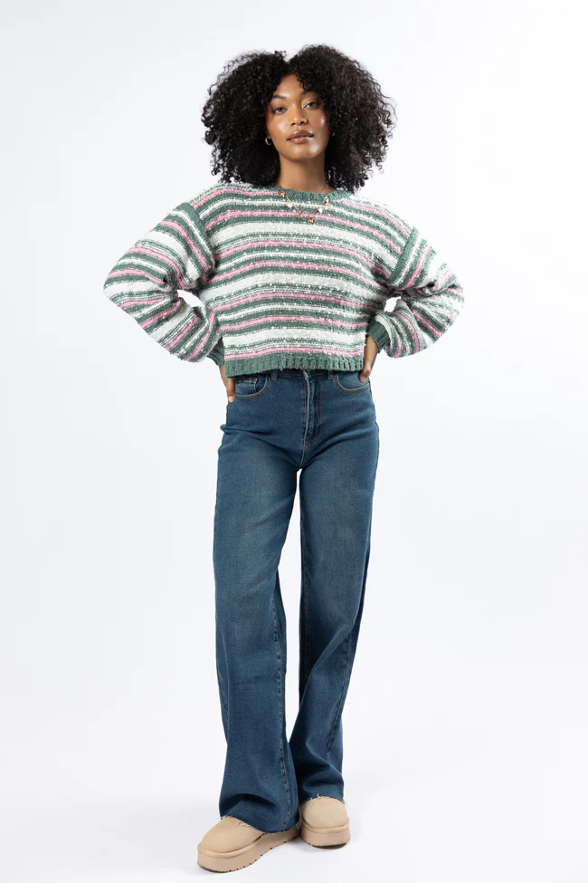 While I'm Away Green Multi Striped Popcorn Sweater FINAL SALE - Aiturbor