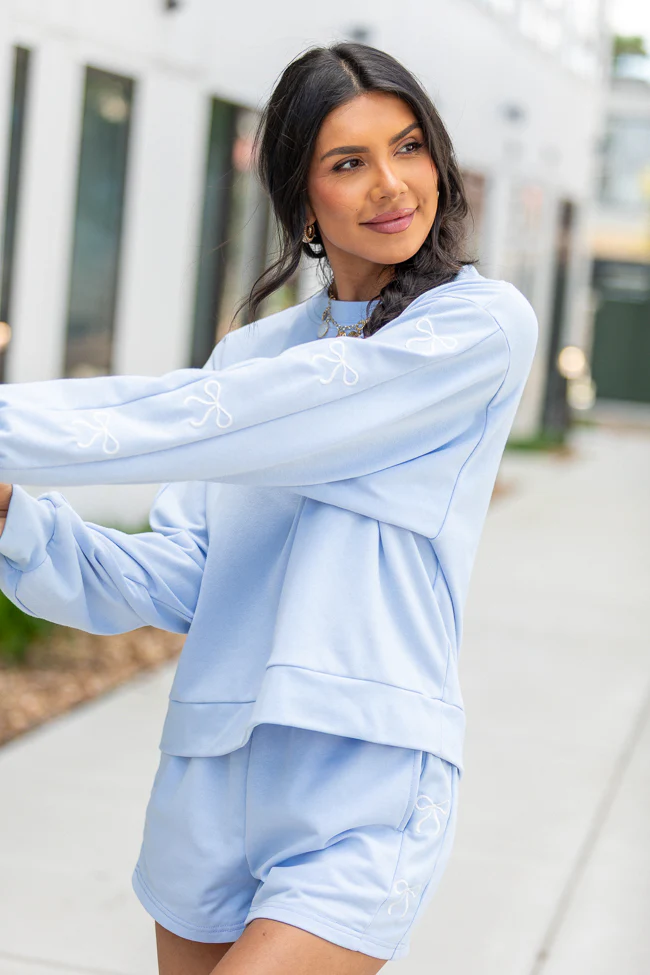Just Imagine It Light Blue Bow Crewneck Long Sleeve Sweatshirt - Aiturbor
