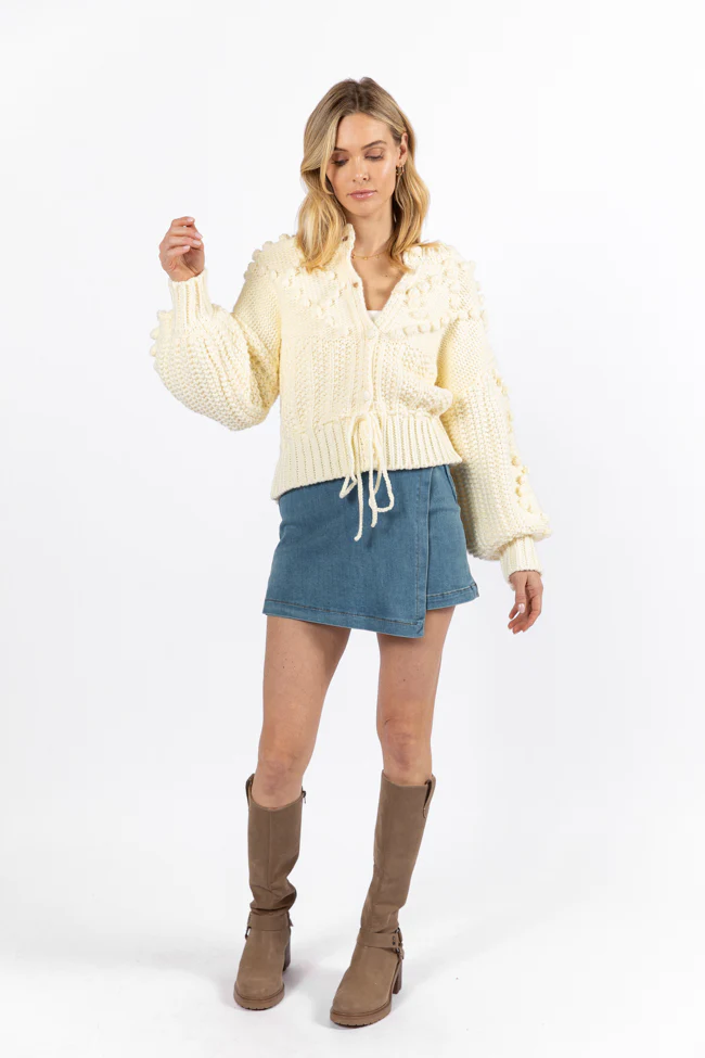 Pom Party Cream Chunky Cinched Waist Cardigan FINAL SALE - Aiturbor