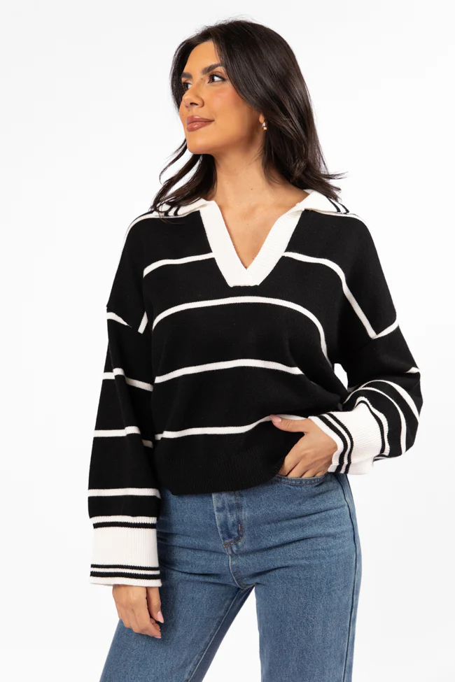 Imagine That Black Striped Collared Sweater - Aiturbor