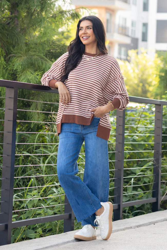 Kara Brown Stripe Waffle Pullover - Aiturbor