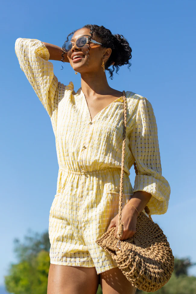 Set On You Yellow Gingham Long Sleeve Romper FINAL SALE - Aiturbor