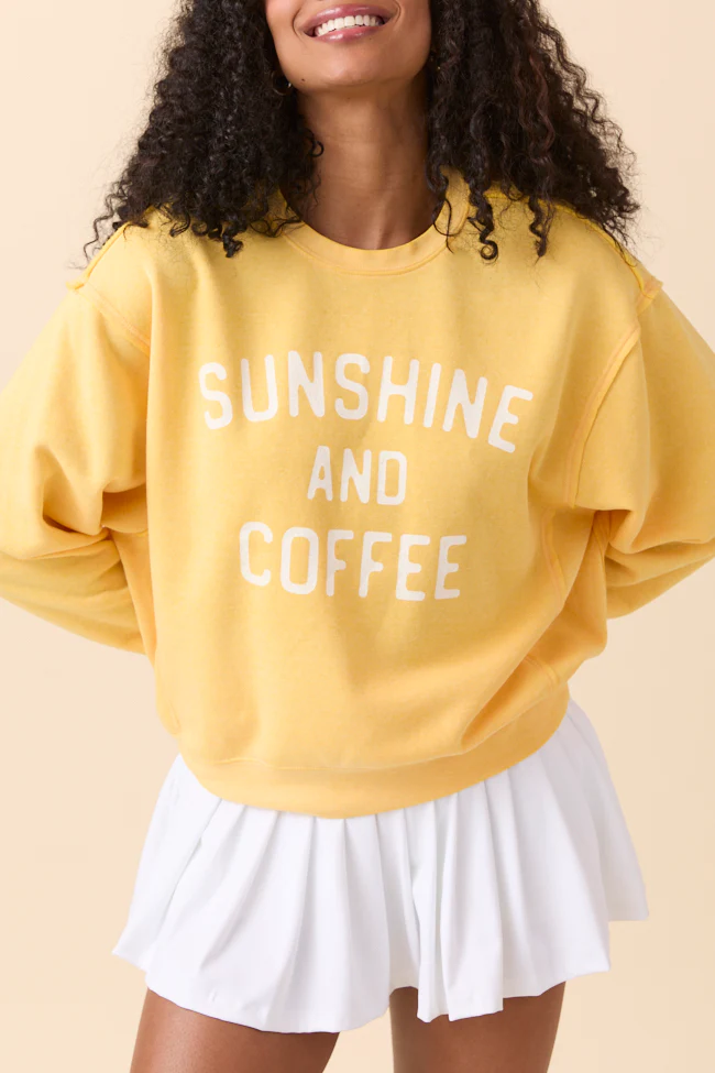 Sunshine and Coffee Yellow Raw Hem Fleece Graphic Sweatshirt - Aiturbor
