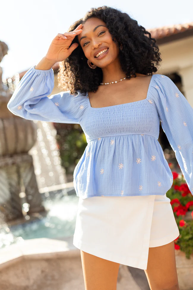 Darling Days Blue Floral Embroidered Gauze Top - Aiturbor