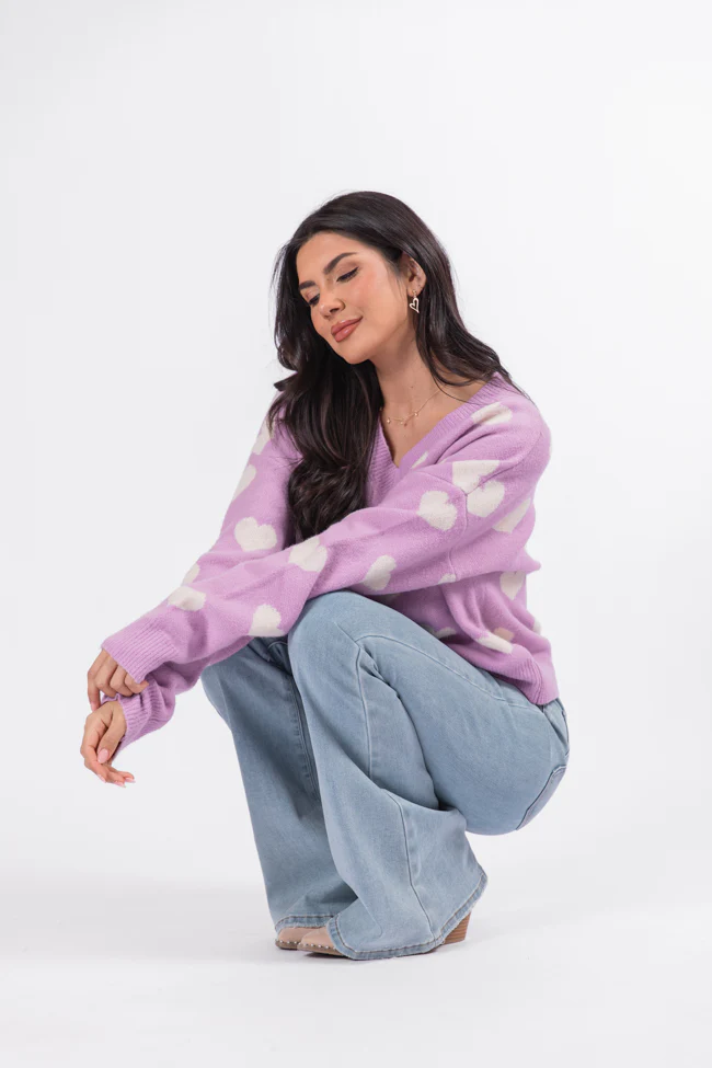 By The Book Lilac Hearts V-Neck Sweater FINAL SALE - Aiturbor
