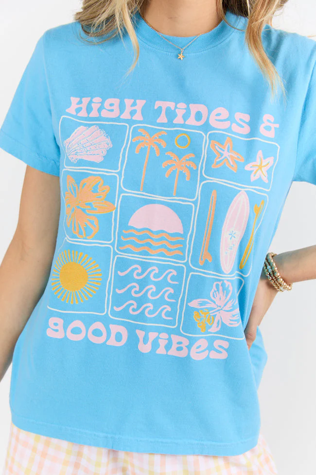 High Tides & Good Vibes Aqua Blue Graphic Tee - Aiturbor