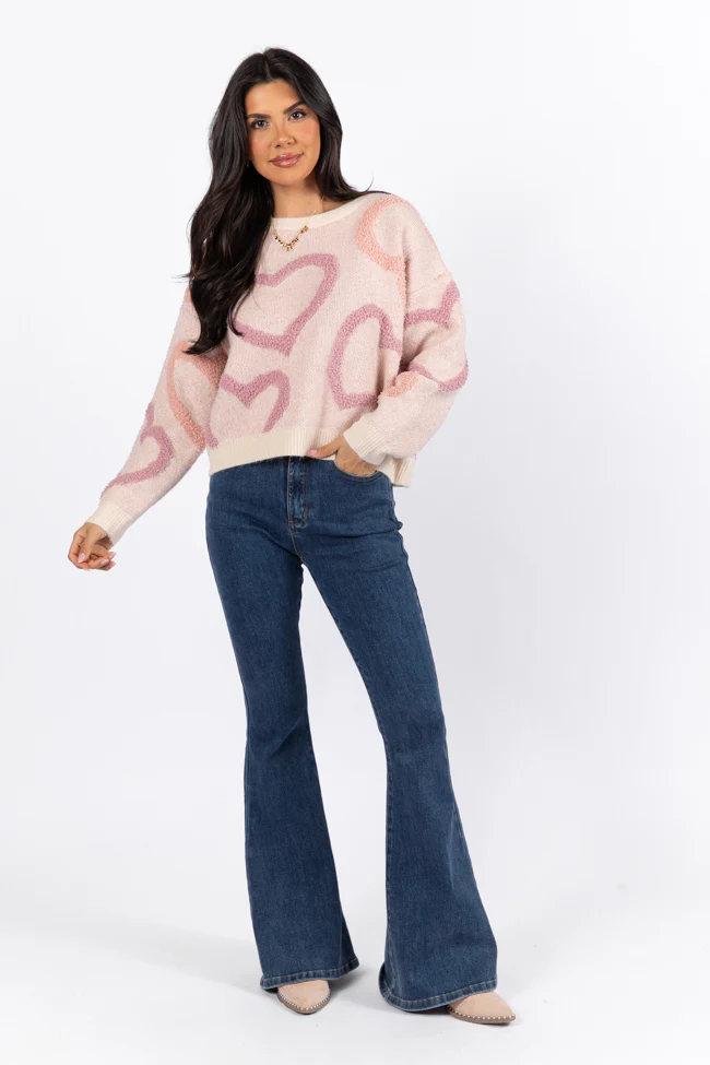 Love Again Mauve Multi Fuzzy Heart Sweater FINAL SALE - Aiturbor