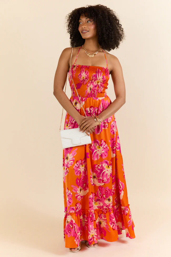 Pick Of The Summer Orange Printed Smocked Halter Maxi Dress - Aiturbor