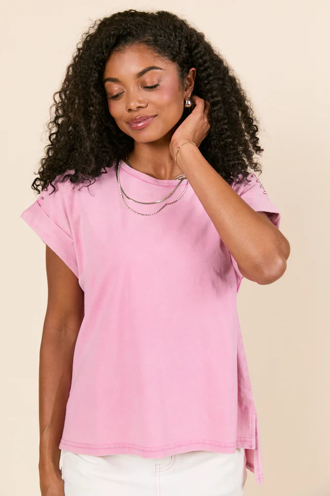 Kamryn Studded Short Sleeve Pink Acid Wash Tee - Aiturbor