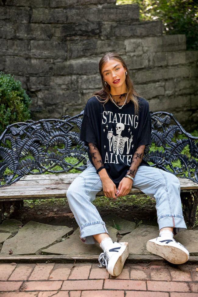Staying Alive Black Oversized Graphic Tee DOORBUSTER - Aiturbor