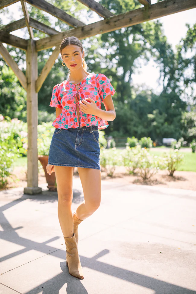 Mila Pink And Red Floral Tie Front Flounce Woven Blouse - Aiturbor