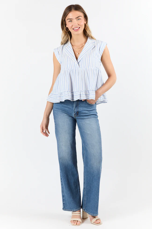 Perfect Aura Blue Striped Collared Tank - Aiturbor