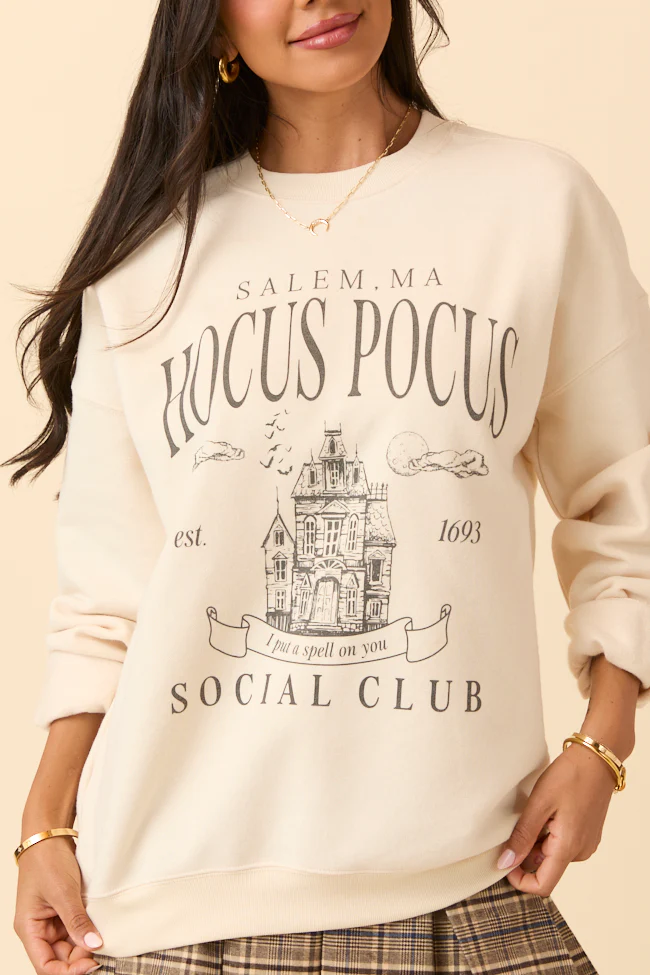 Hocus Pocus Charcoal Print Cream Graphic Sweatshirt DOORBUSTER - Aiturbor
