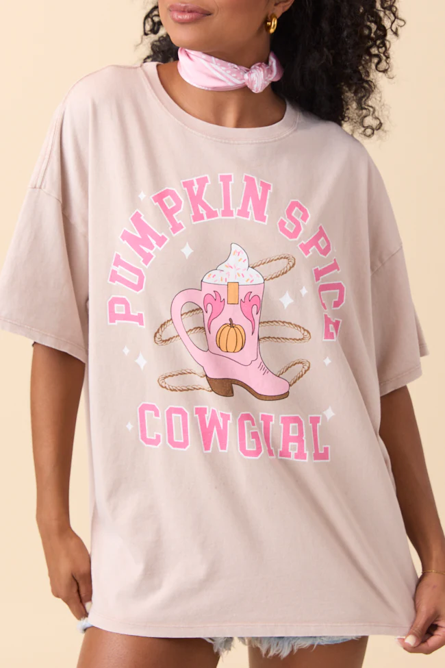 Pumpkin Spice Cowgirl Taupe Oversized Graphic Tee - Aiturbor