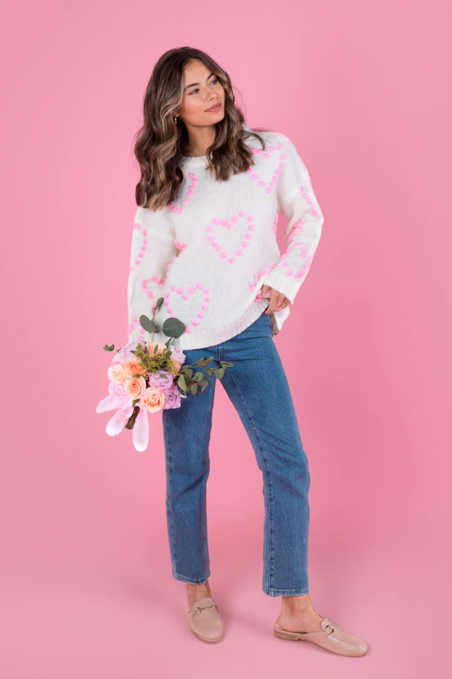 Adore You Ivory and Pink Oversized Heart Pom Sweater FINAL SALE - Aiturbor