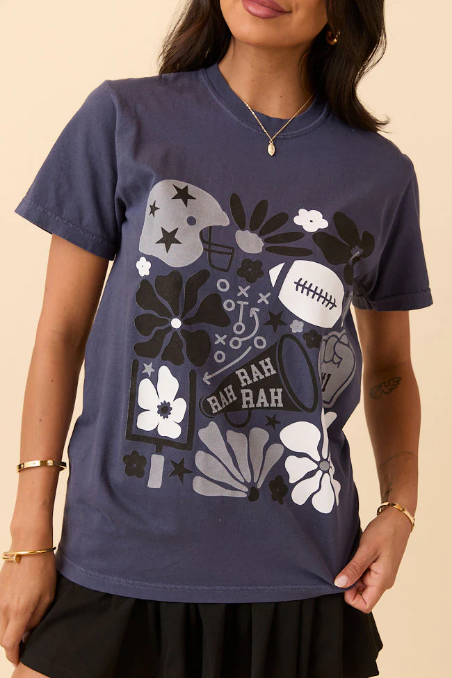 Floral Football Icon Print Navy Graphic Tee - Aiturbor