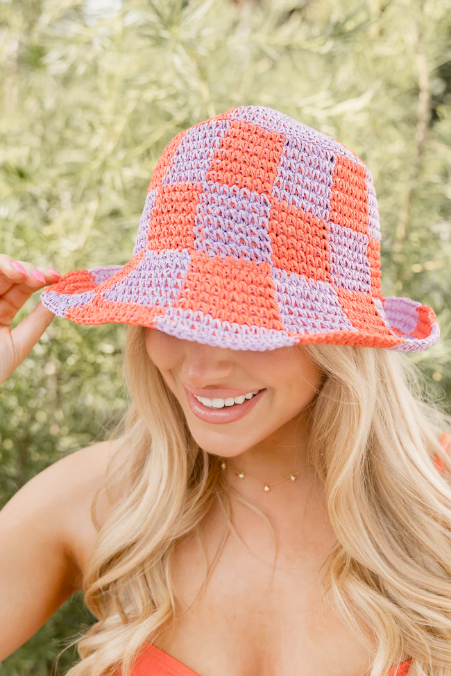 Orange And Pink Checkered Crochet Bucket Hat FINAL SALE - Aiturbor