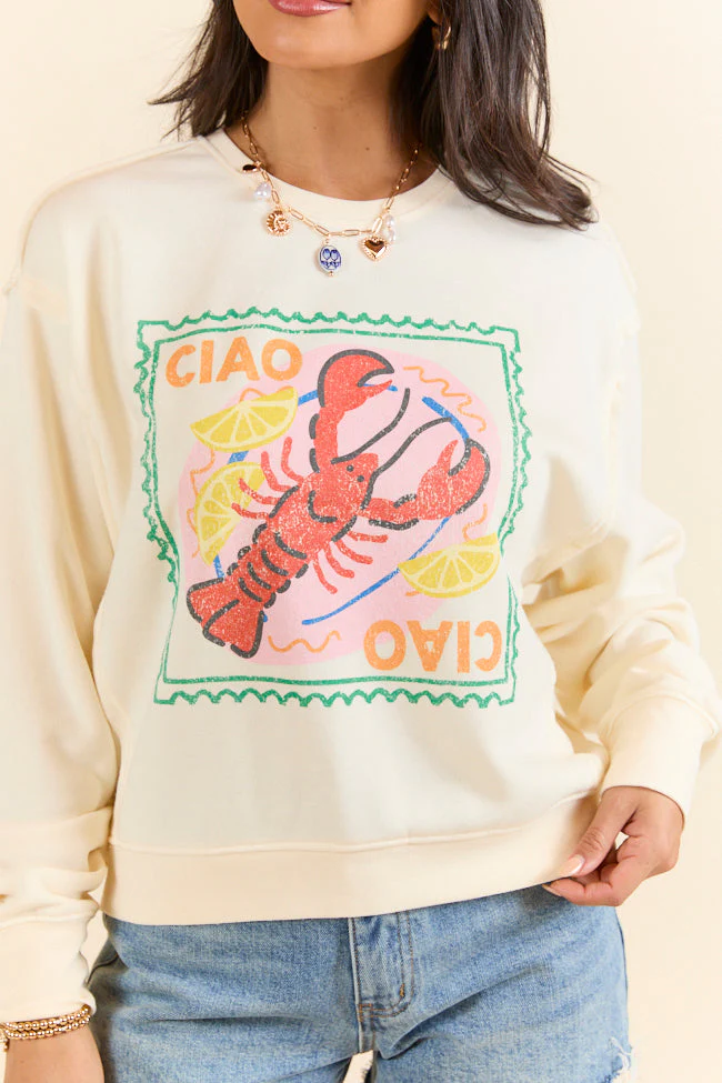 Ciao Ciao Cream Raw Hem Fleece Graphic Sweatshirt - Aiturbor