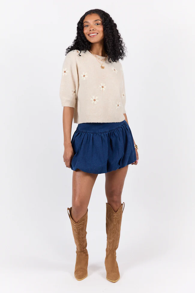 So Into You Oatmeal Short Sleeve Floral Embroidered Sweater - Aiturbor