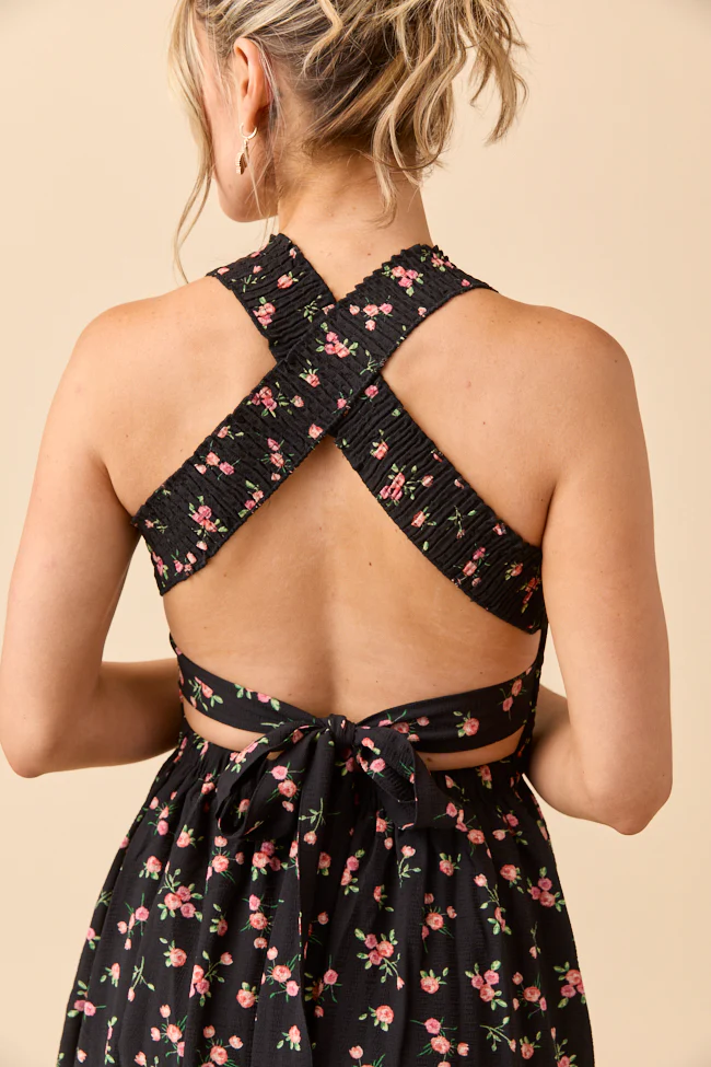 Jalissa Black Floral Criss Cross Back Maxi Dress - Aiturbor