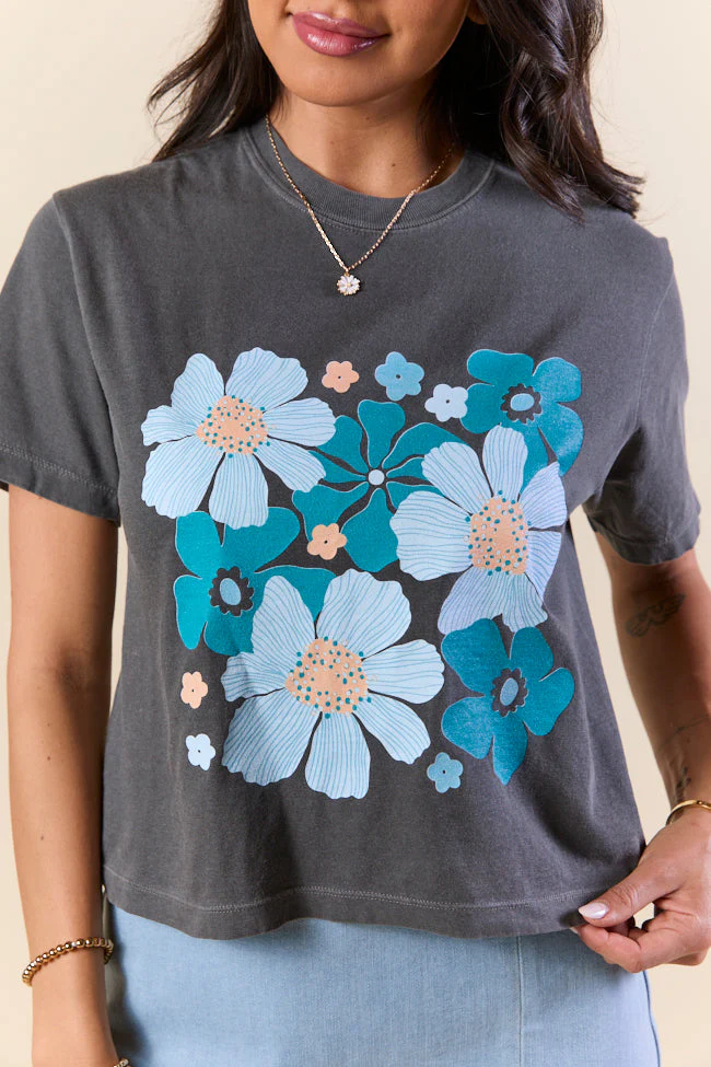 Organic Floral Print Grey Boxy Graphic Tee - Aiturbor