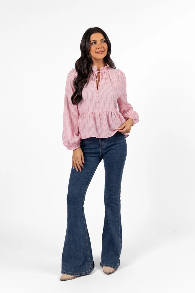 Oh My Darling Pink Stripe Notched Neckline Button Detail Peplum Blouse FINAL SALE - Aiturbor