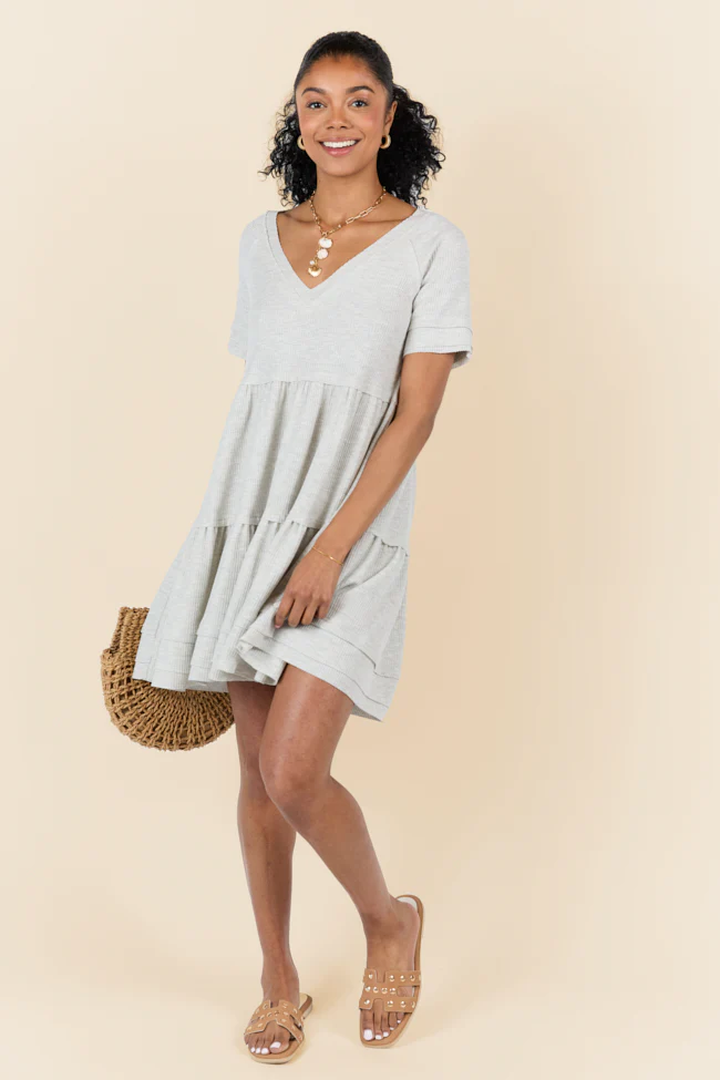 Planning Ahead Heather Grey Short Sleeve Waffle V-neck Dress FINAL SALE - Aiturbor