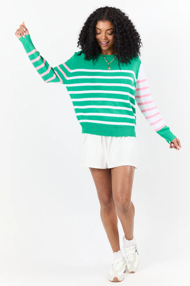 Coastal Prep Green and Pink Color Block Crew Neck Sweater - Aiturbor