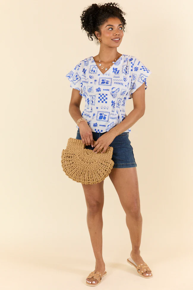 Missed You Blue Icon Printed Cinched Waist Woven Blouse FINAL SALE - Aiturbor