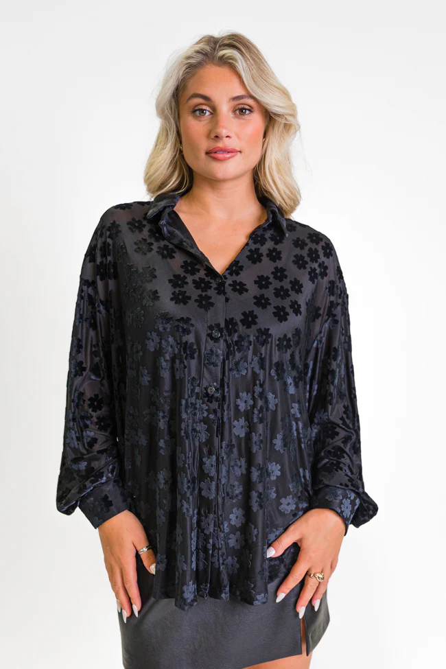Face The Day Black Velvet Floral Button Down Blouse FINAL SALE - Aiturbor