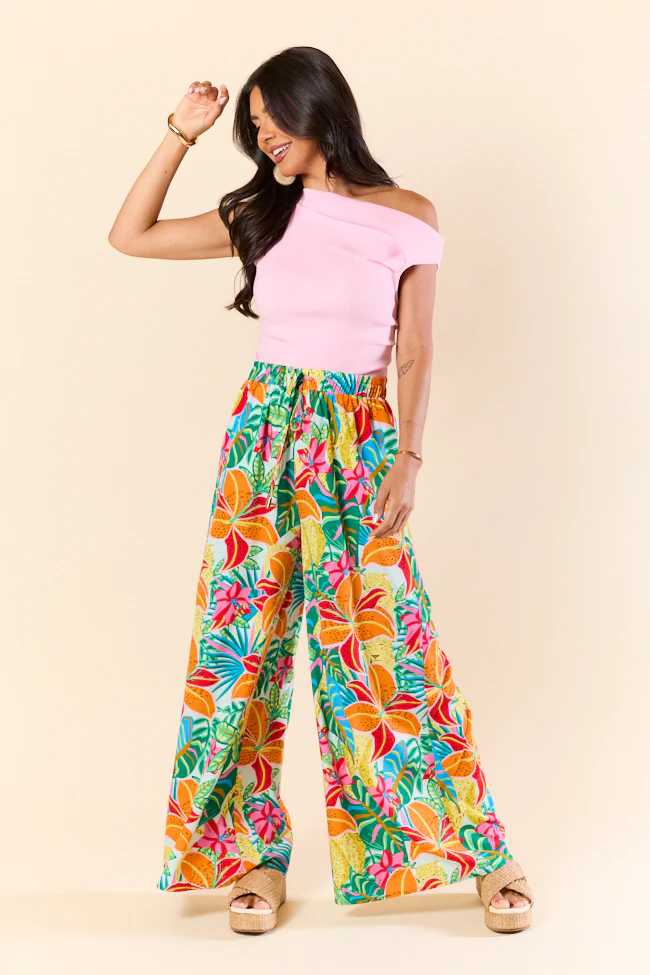 Beach Breeze Blue Mixed Print Wide Leg Pants SALE - Aiturbor