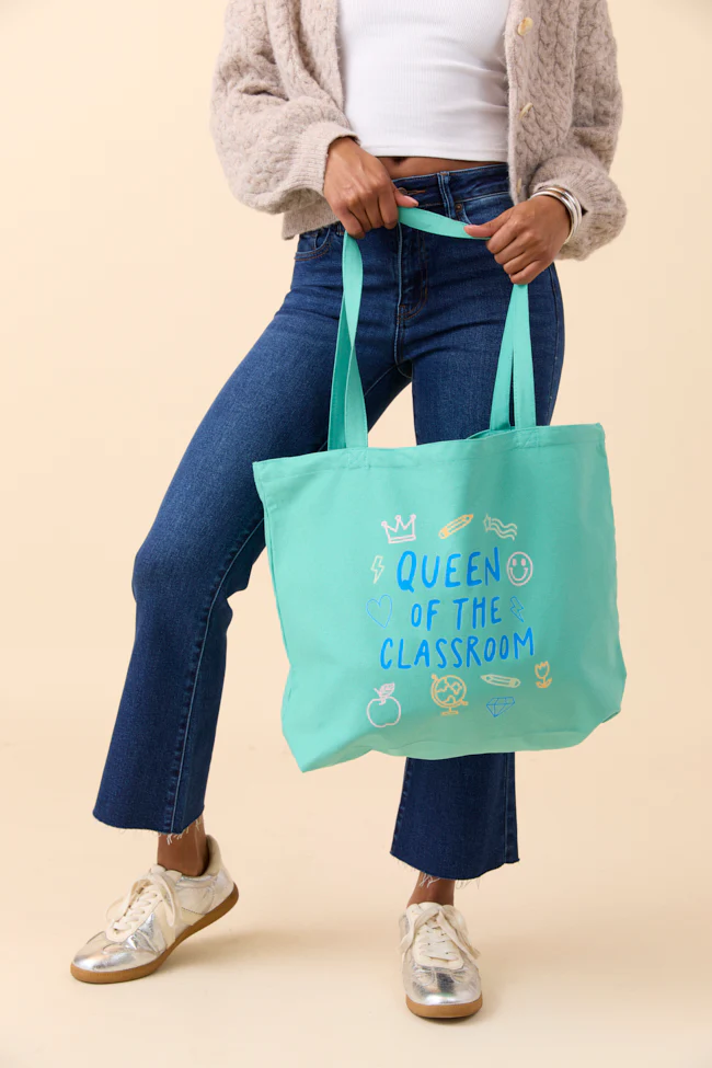 Queen Of The Classroom Sea Glass Green Graphic Tote Bag - Aiturbor