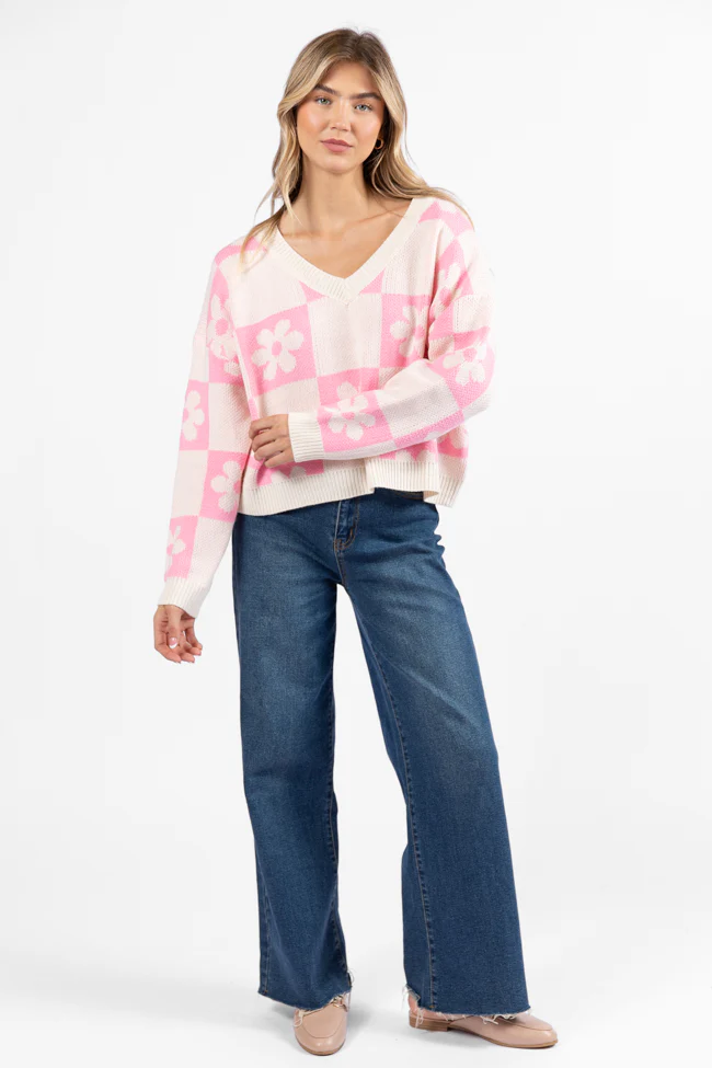 Found A New Way Pink V-Neck Checkered Flower Sweater FINAL SALE - Aiturbor