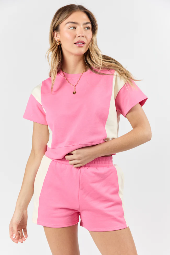 Make Or Break Pink and Ivory Contrast French Terry Short Sleeve Sweatshirt SALE - Aiturbor