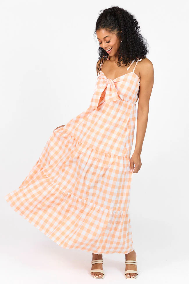 Checked Out Orange Gingham Tie Front Maxi Dress FINAL SALE - Aiturbor