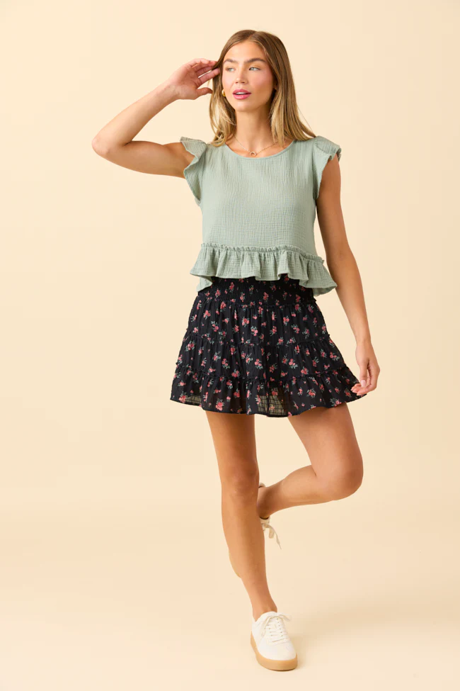 Ruby Seafoam Green Gauze Flutter Button Back Woven Blouse - Aiturbor