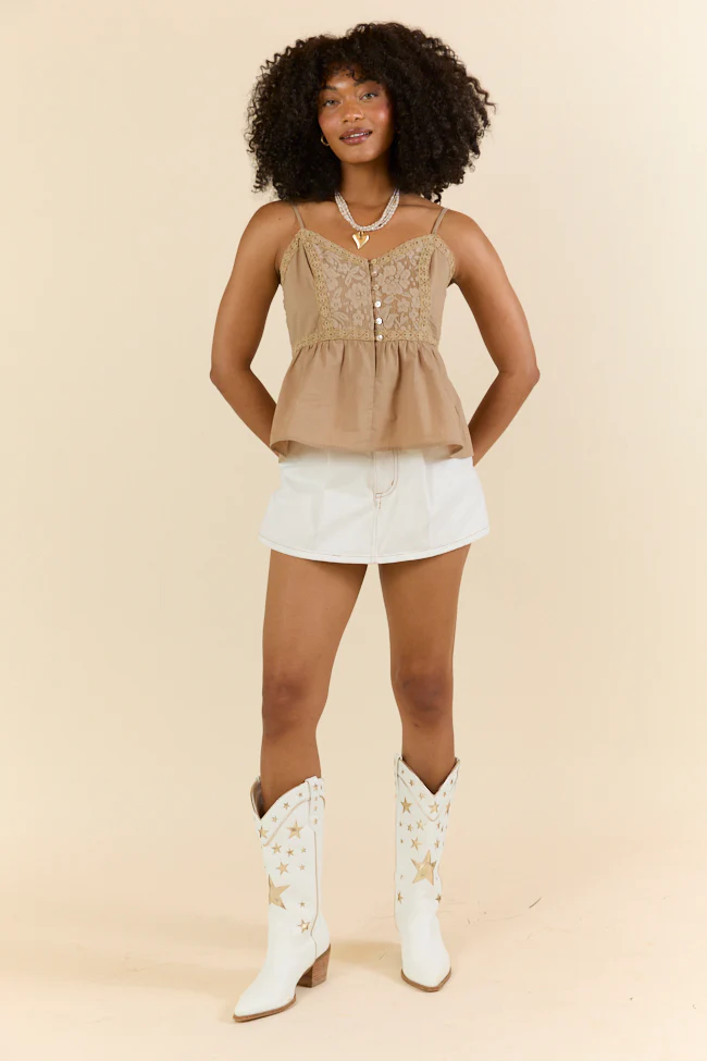 Boho Beat Brown Lace Detail Button Down Tank SALE - Aiturbor