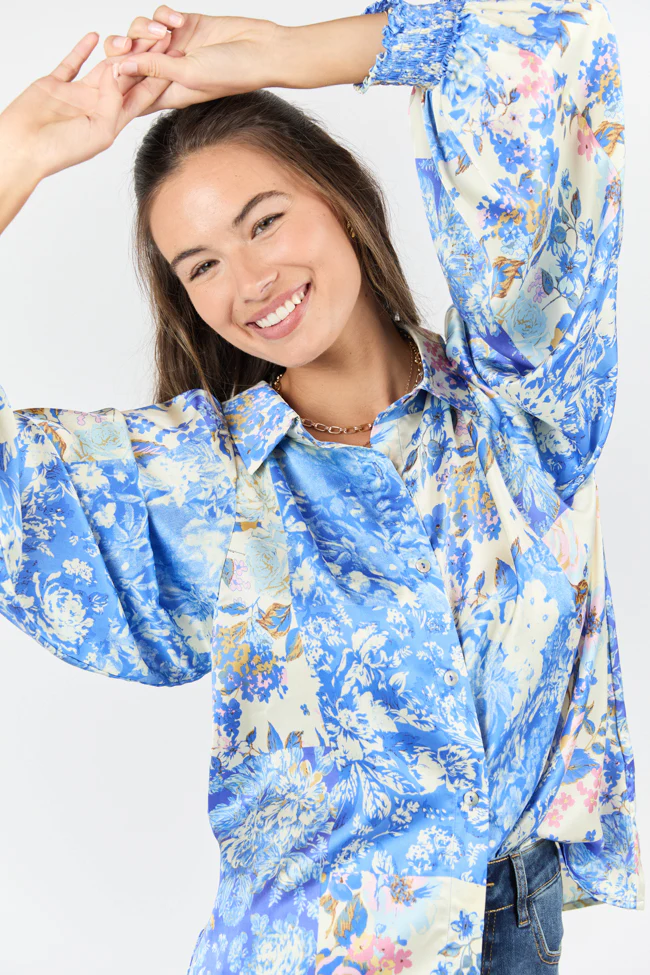 I've Been Waiting Blue Floral Patch Print Satin Button Down Blouse FINAL SALE - Aiturbor