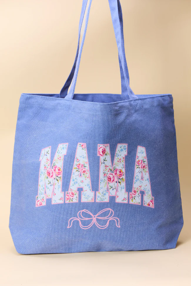Mama Floral Bow Periwinkle Blue Graphic Tote Bag - Aiturbor