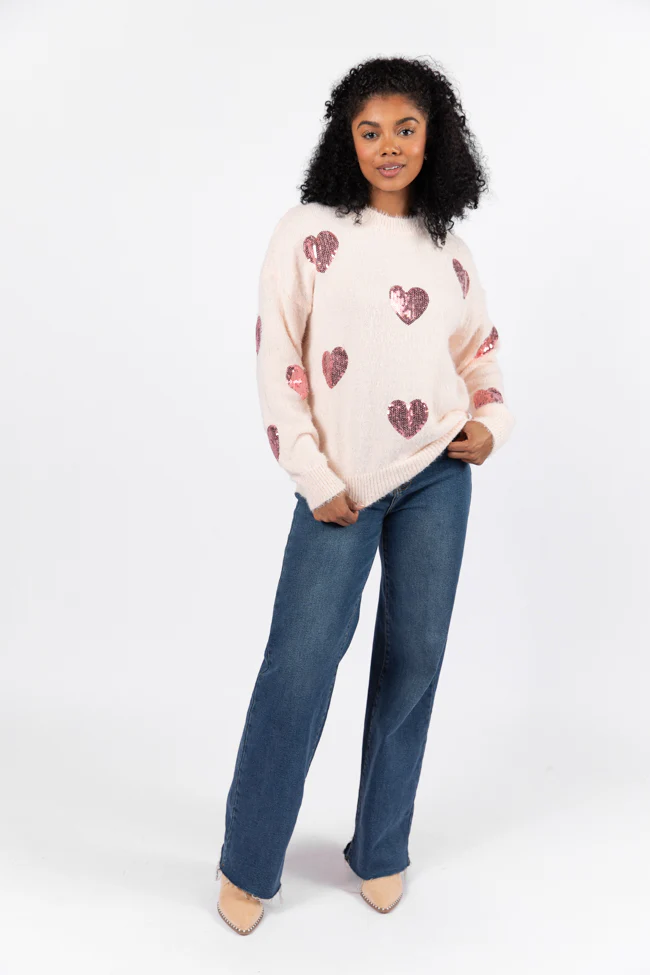 True Romance Blush Sequin Heart Sweater FINAL SALE - Aiturbor
