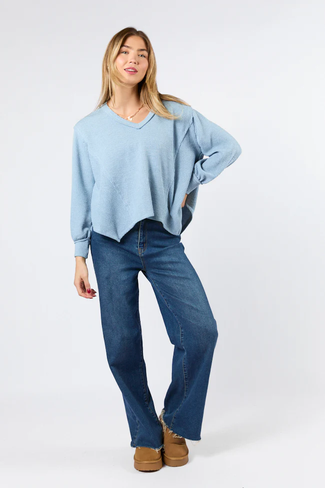 Never Say Never Dusty Blue Ribbed Knit V-Neck Long Sleeve Top FINAL SALE - Aiturbor