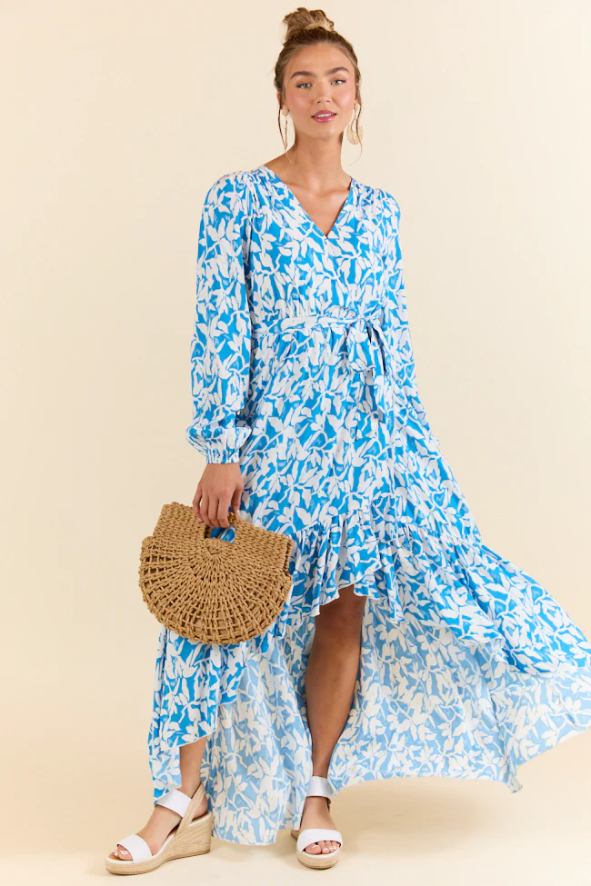 Palmetto Paradise Blue and White Long Sleeve Maxi Dress SALE - Aiturbor