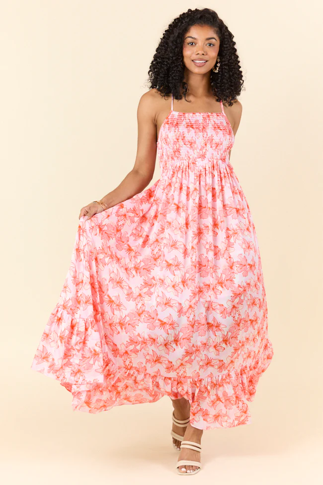Floral Symphony Pink and Orange Smocked Maxi Dress FINAL SALE - Aiturbor