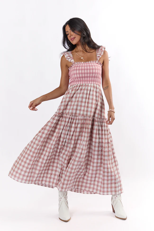 Checked Treasures Pink and Brown Plaid Tiered Midi Dress SALE - Aiturbor
