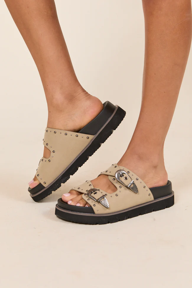 Effie Taupe Buckle Slide Sandals - Aiturbor