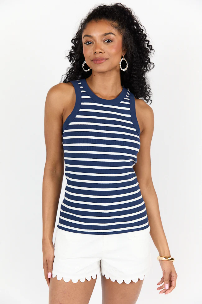 Simple Navy Ribbed Knit Stripe Tank DOORBUSTER - Aiturbor