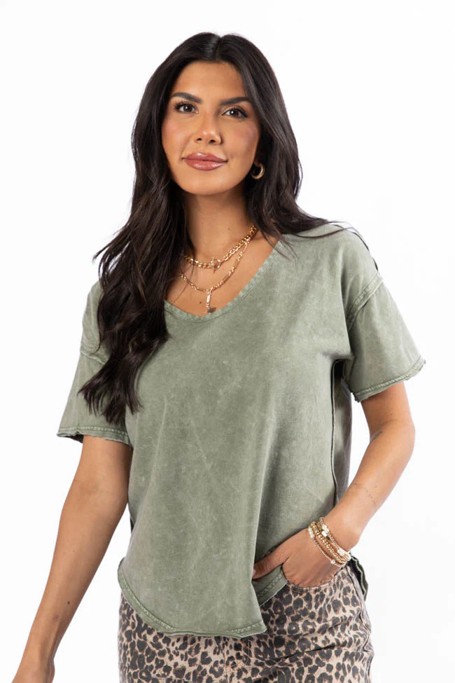 Tell Me About It Olive Acid Wash Scoop Neck Tee FINAL SALE - Aiturbor
